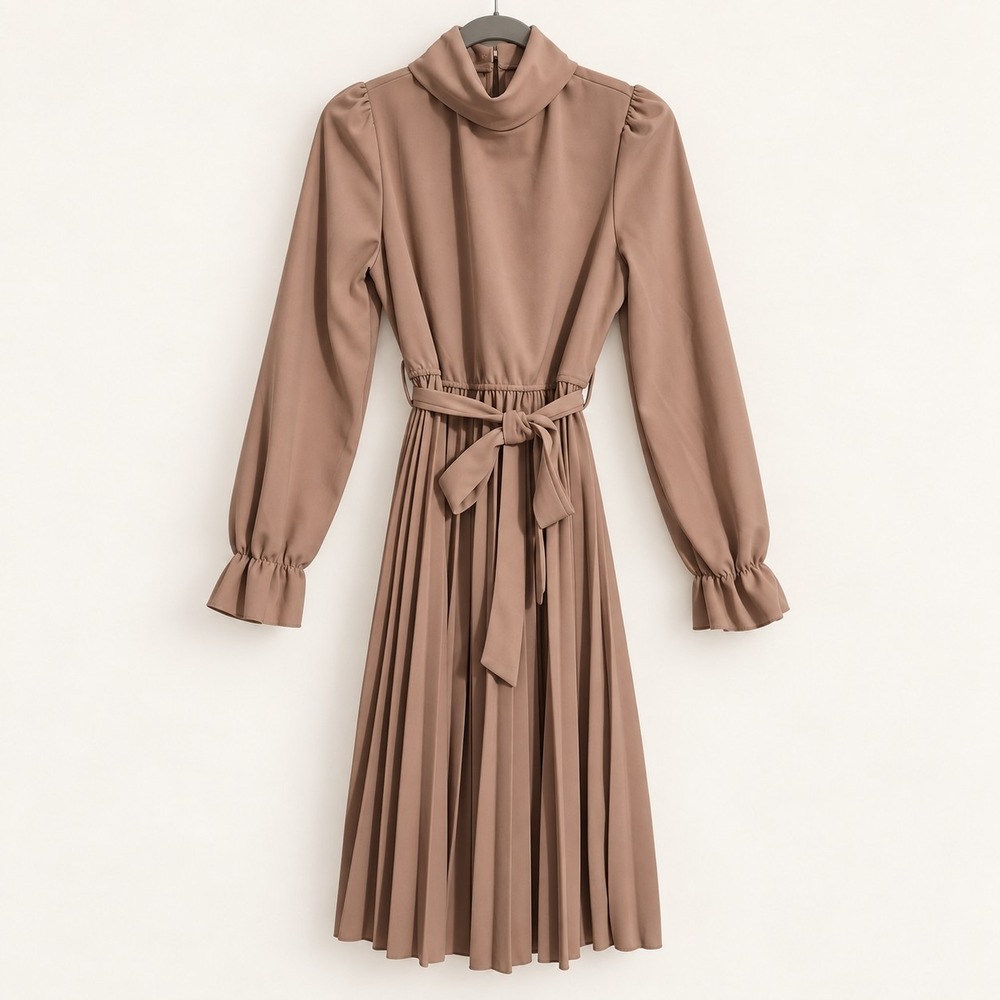 Taupe Pleated Midi Dress Prairie High Neck Long Sleeve Belted Modest Church Fall